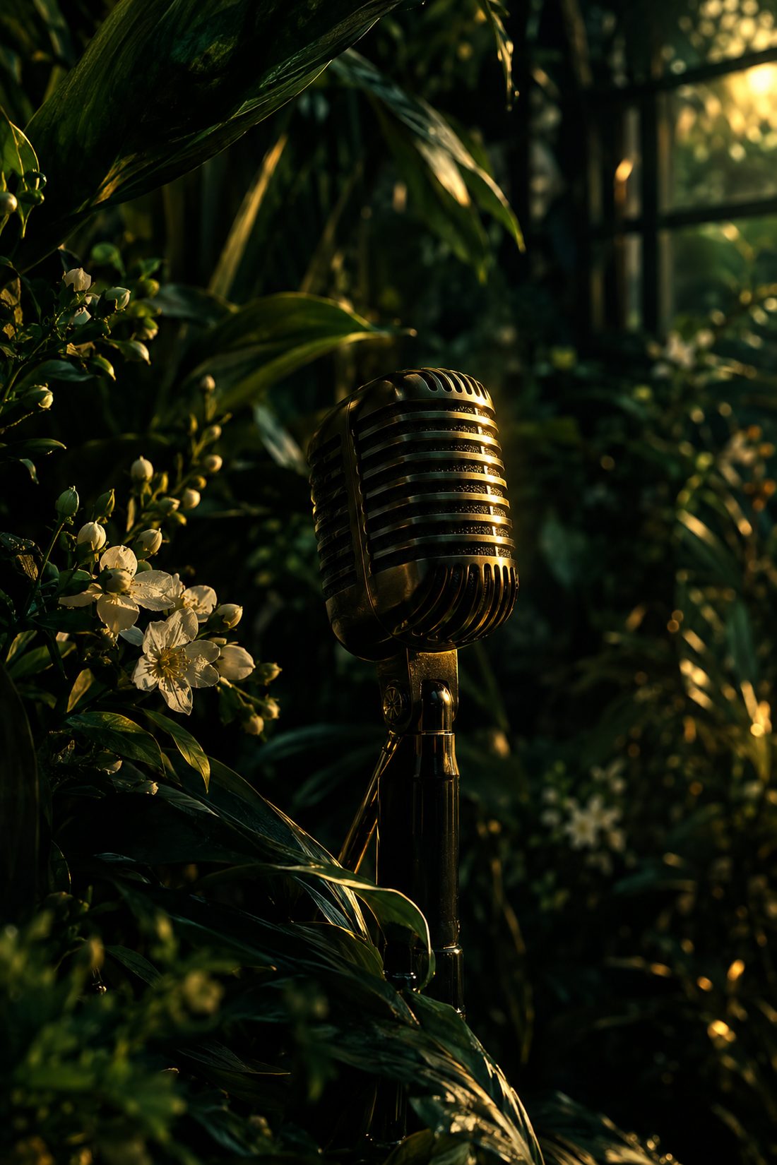 A vintage microphone among leaves and blossoms in a dark greenhouse