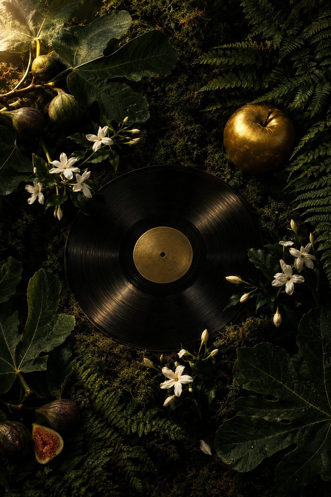 A black vinyl record resting on moss among fig leaves, white blossoms and a golden apple